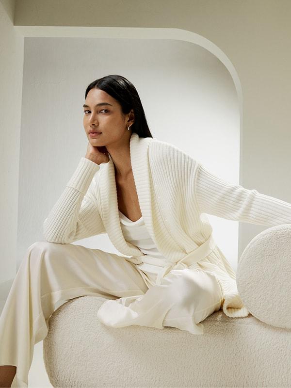 LILYSILK Wool Cardigans Womens Camel Pure Wool Elegant Belted Sweater L Product Image