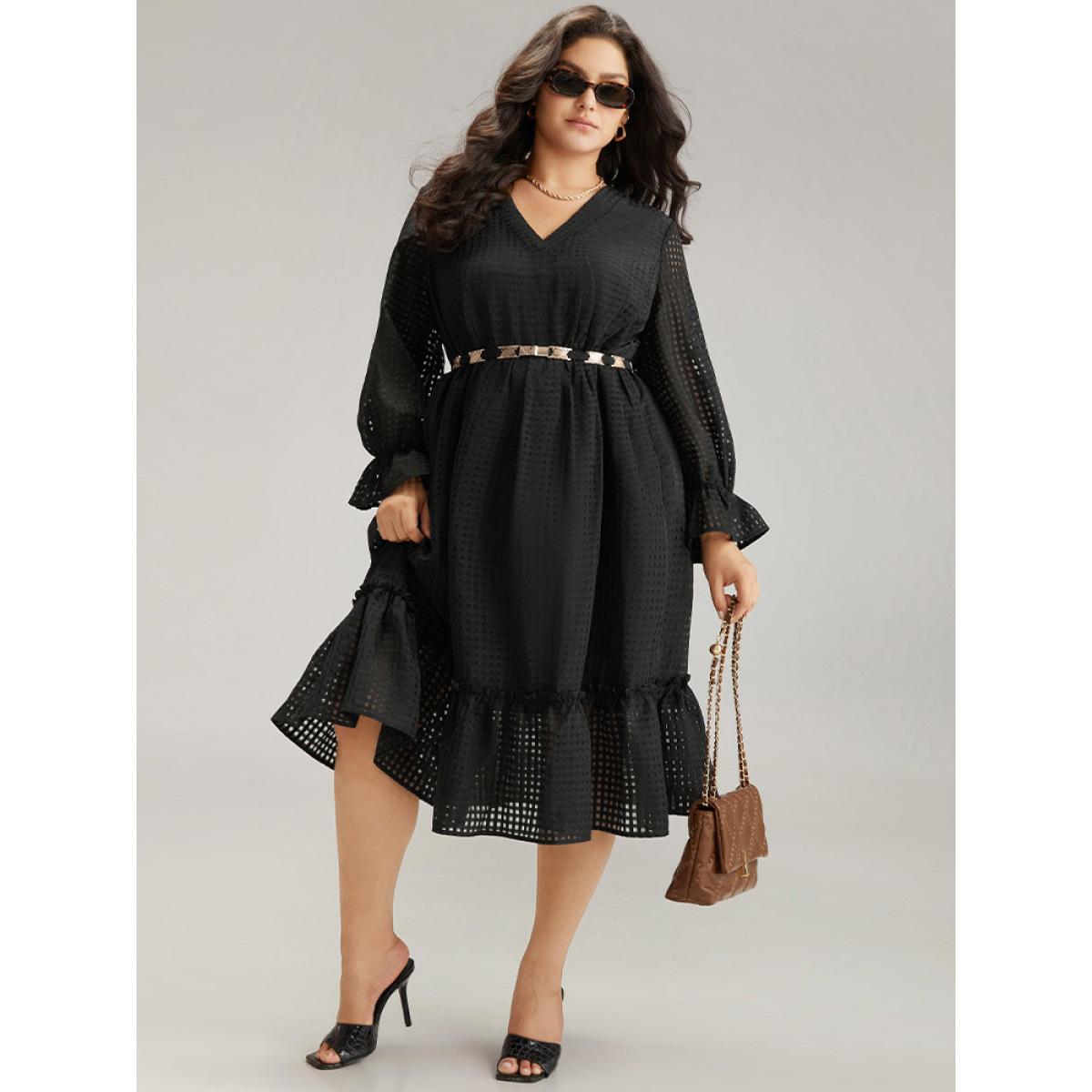 Plus Size Solid Pocket Mesh Frill Trim Dress Black Women Elegant See through V-neck Long Sleeve Curvy Midi Dress BloomChic 22-24/3X Product Image