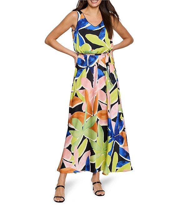 NIC + ZOE Bianca Mega Blooms Print V-Neck Sleeveless Blouson Maxi Dress Product Image