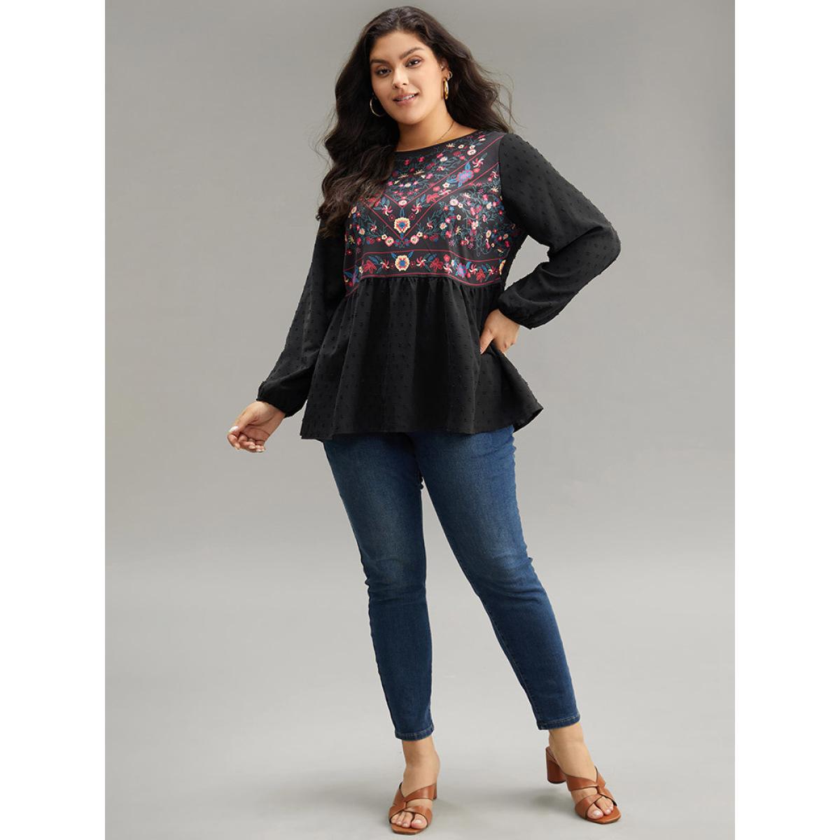 Plus Size Black Boho Print Patchwork Lantern Sleeve Gathered Blouse Women Vacation Long Sleeve Round Neck Dailywear Blouses BloomChic 26/4X Product Image