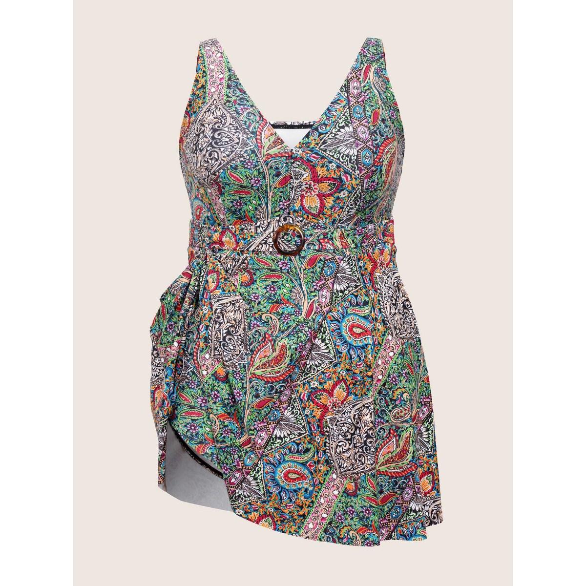 Plus Size Bandana Print Buckle Detail Gathered Swim Dress Women's Swimwear Multicolor Beach Bodycon V-neck High stretch Curve Swim Dresses BloomChic 26/4X Product Image