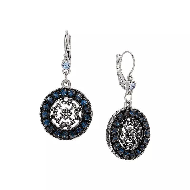 1928 Pewter Blue Crystal Round Drop Leverback Earrings, Women's Product Image
