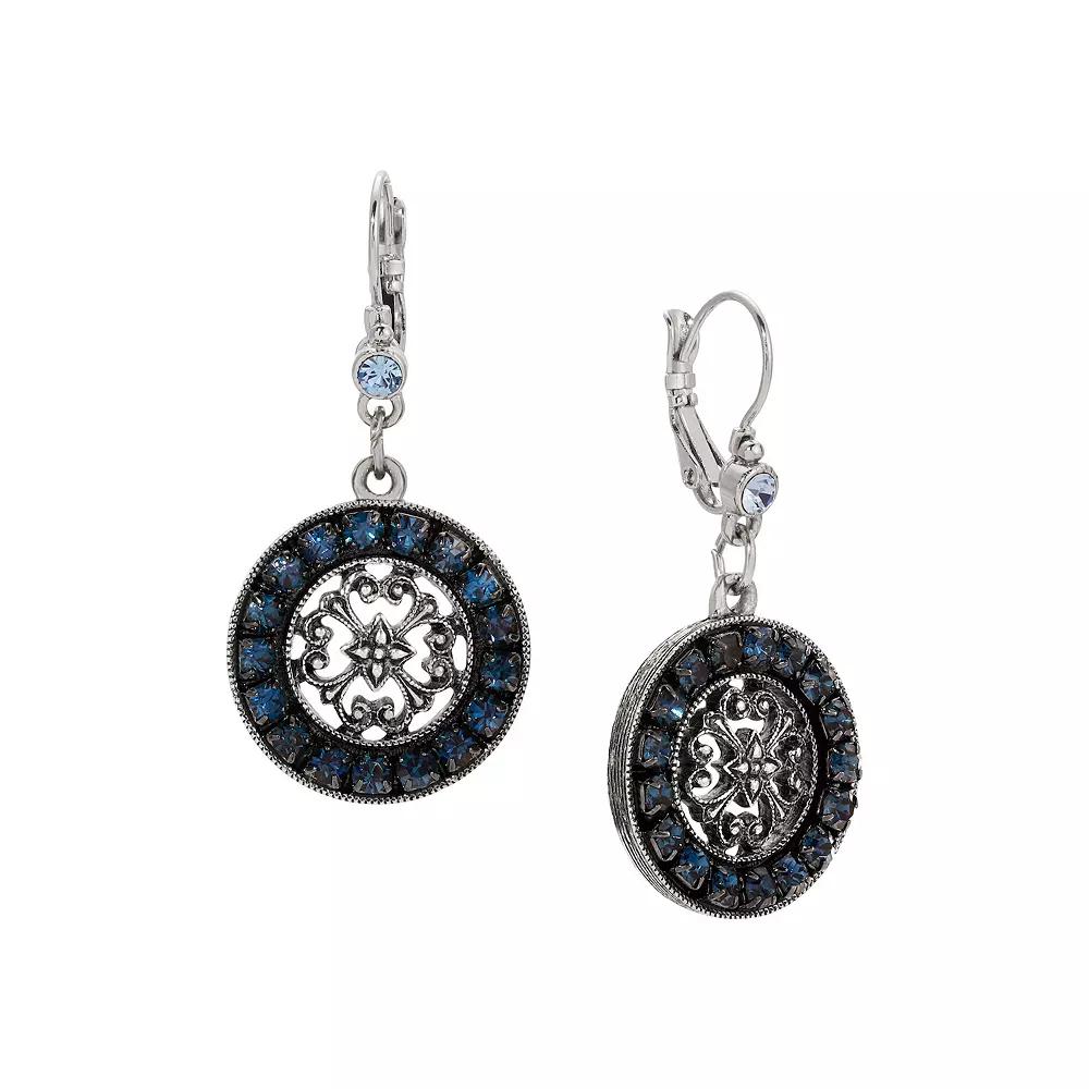 1928 Pewter Blue Crystal Round Drop Leverback Earrings, Women's Product Image