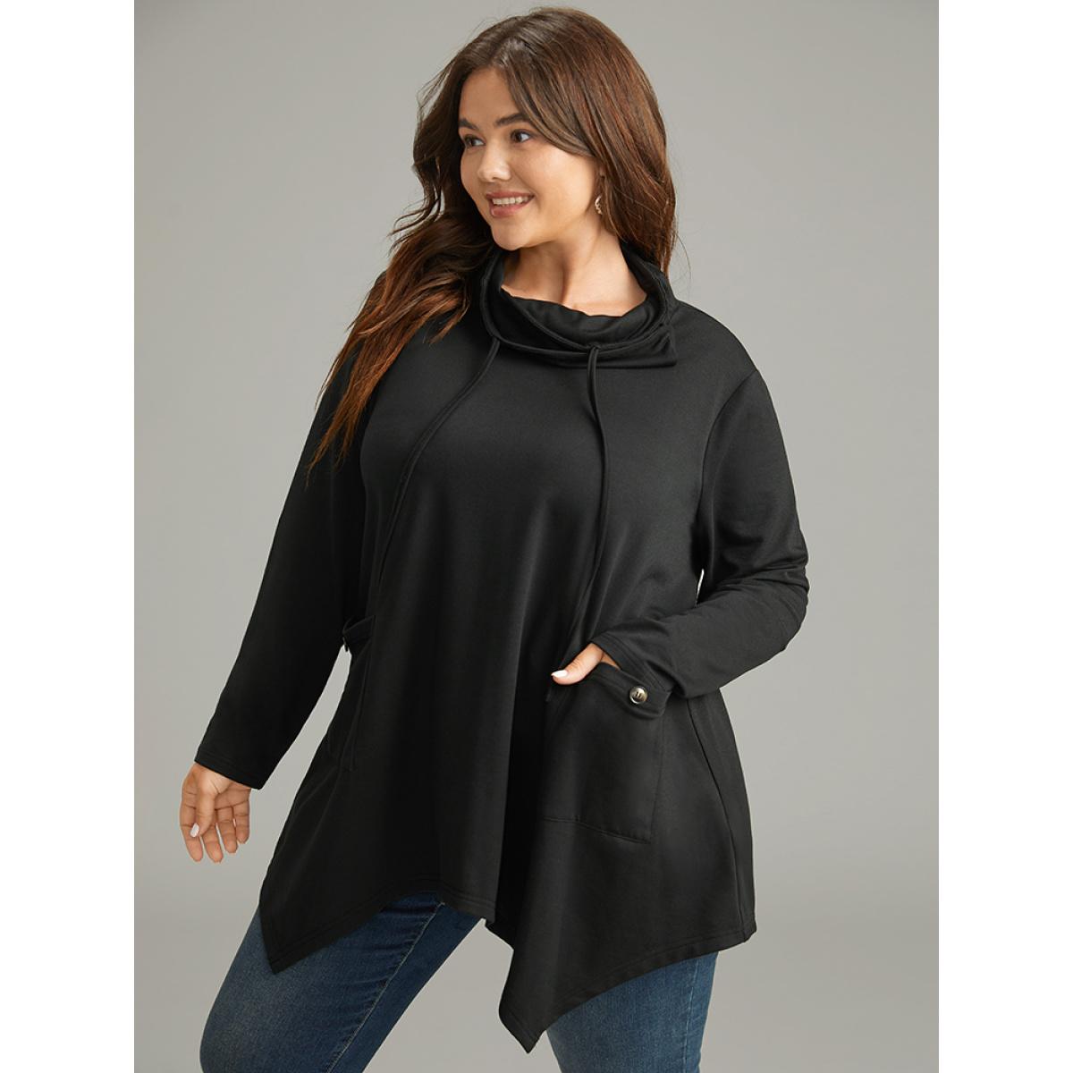 Plus Size Halloween Asymmetrical Pocket Lapel Collar Sweatshirt Women Black Casual Plain Lapel Collar Festival-Halloween Sweatshirts BloomChic 10/M Product Image
