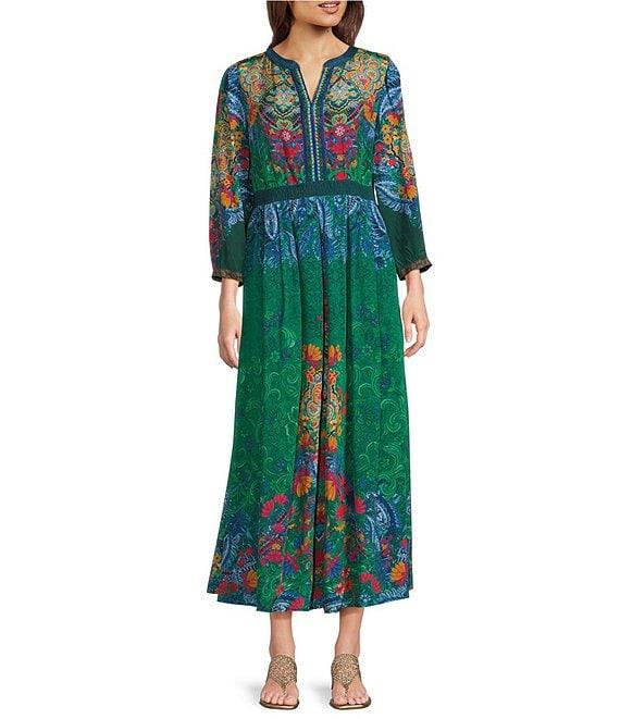 John Mark Floral Bohemian Print Sequin Y-Neck 3/4 Sleeve A-Line Midi Dress Product Image