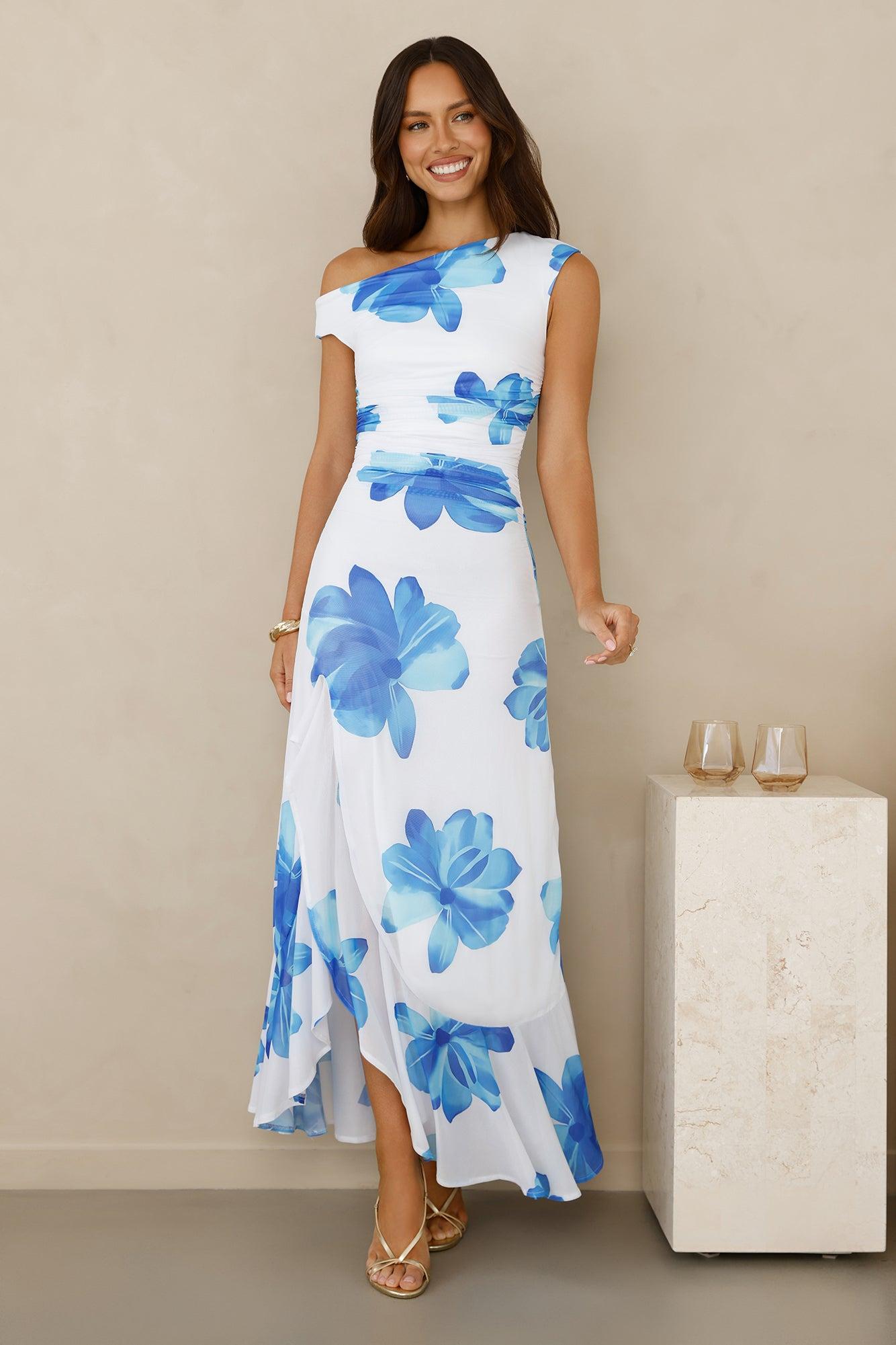 Masquerade Muse One Shoulder Mesh Maxi Dress Blue Product Image