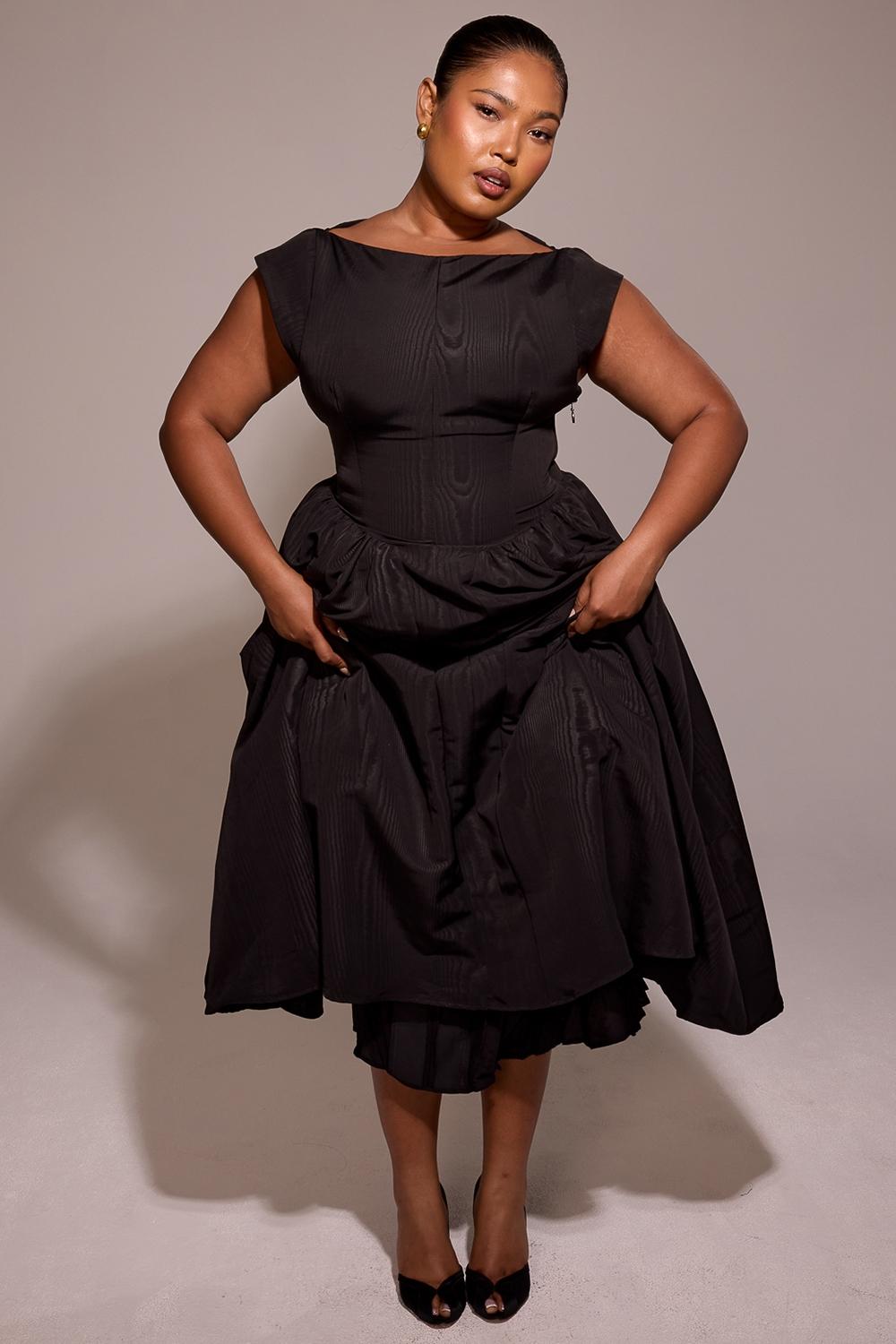 Debutante  black moire satin backless midi dress Product Image