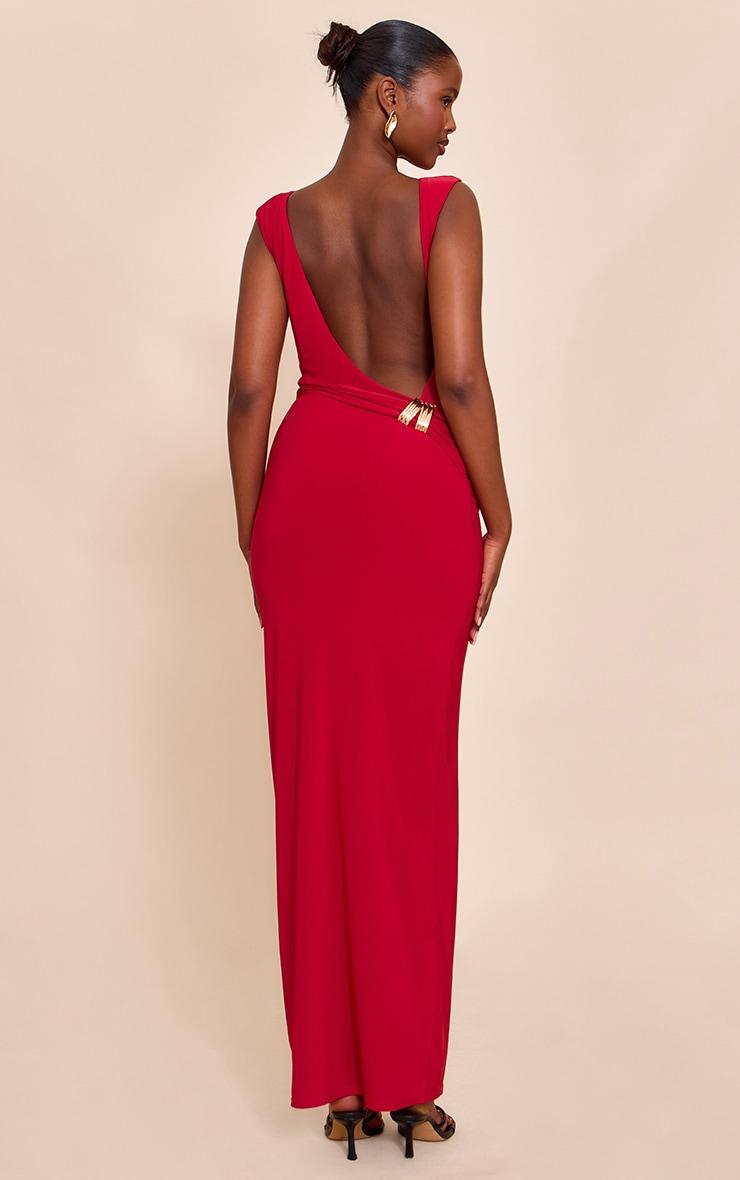Red Double Layer Slinky Low Back Trim Detail Maxi Dress Product Image
