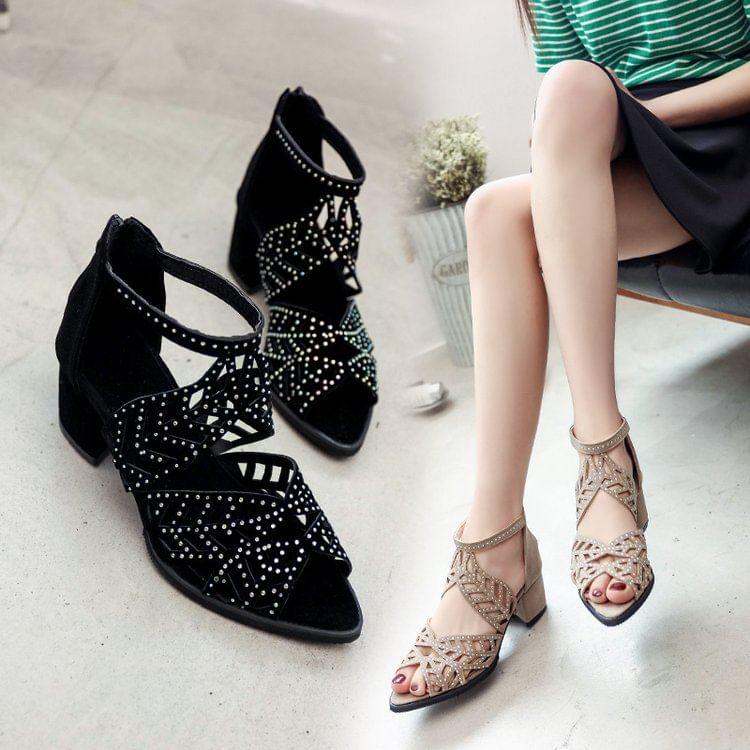 Rhinestone Faux Leather Block Heel Sandals Product Image