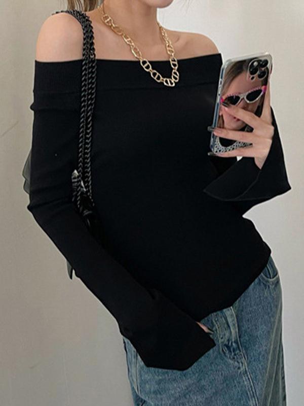 Solid Off Shoulder Slit Long Sleeve Knit Product Image