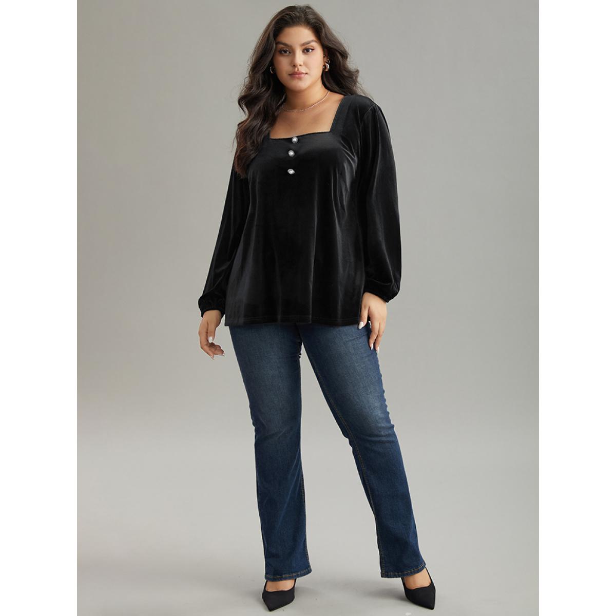 Plus Size Black Velvet Metal Button Detail Blouse Women Leisure Long Sleeve Square Neck Casual Blouses BloomChic 14-16/1X Product Image