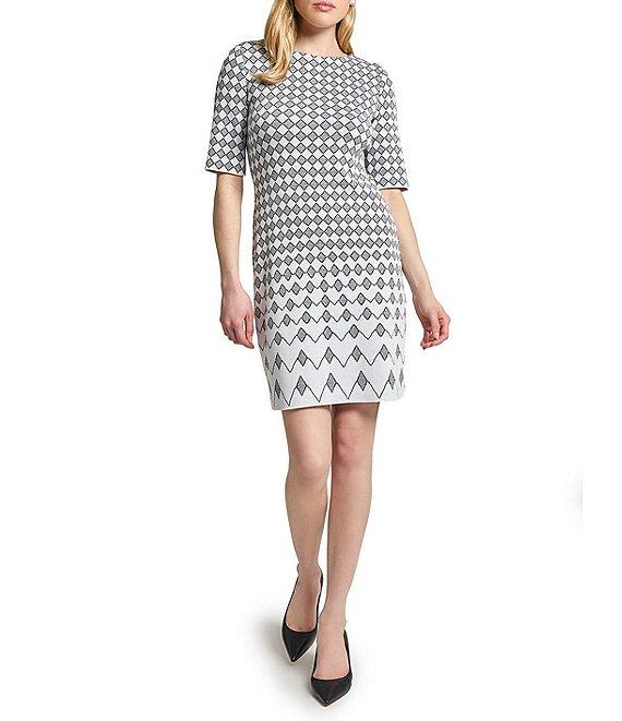 Ming Wang Knit Jacquard Geo Print Round Neck Elbow Sleeve Dress Product Image