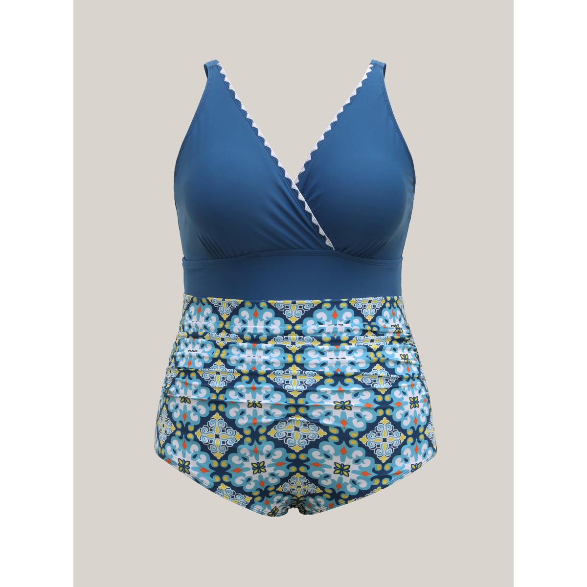 Plus Size Embroidered Pleated Printed One-Piece Swimsuit Women's Swimwear Mediumblue Resort Texture Curve Bathing Suits High stretch One Pieces BloomChic 30/6X Product Image