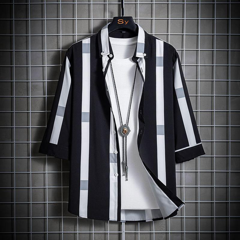 Elbow Sleeve Collared Striped Shirt Product Image