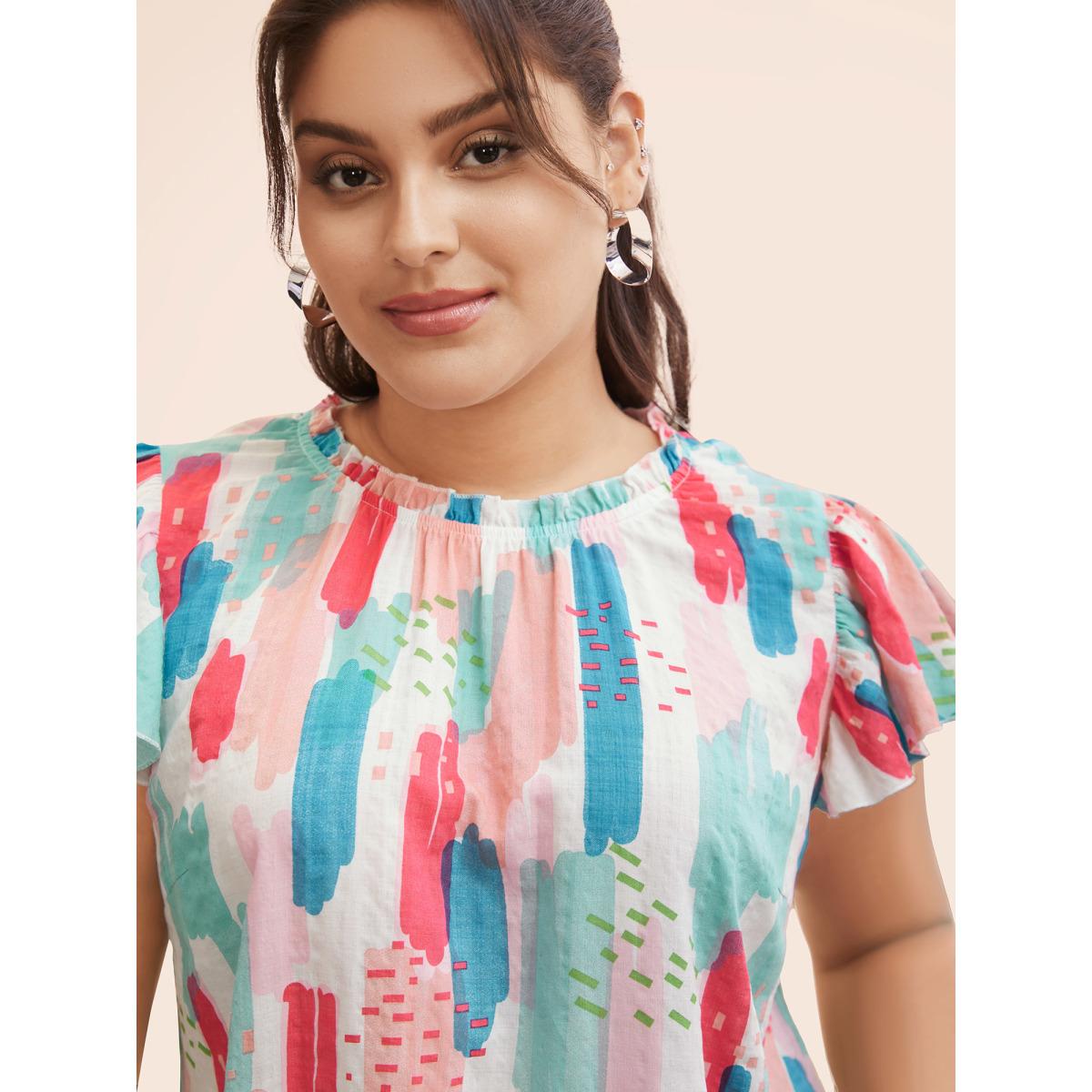 Plus Size Originalwhite Brush Print Split Side Cap Sleeve Blouse Women Elegant Cap Sleeve Stand-up collar Everyday Blouses BloomChic 18-20/2X Product Image