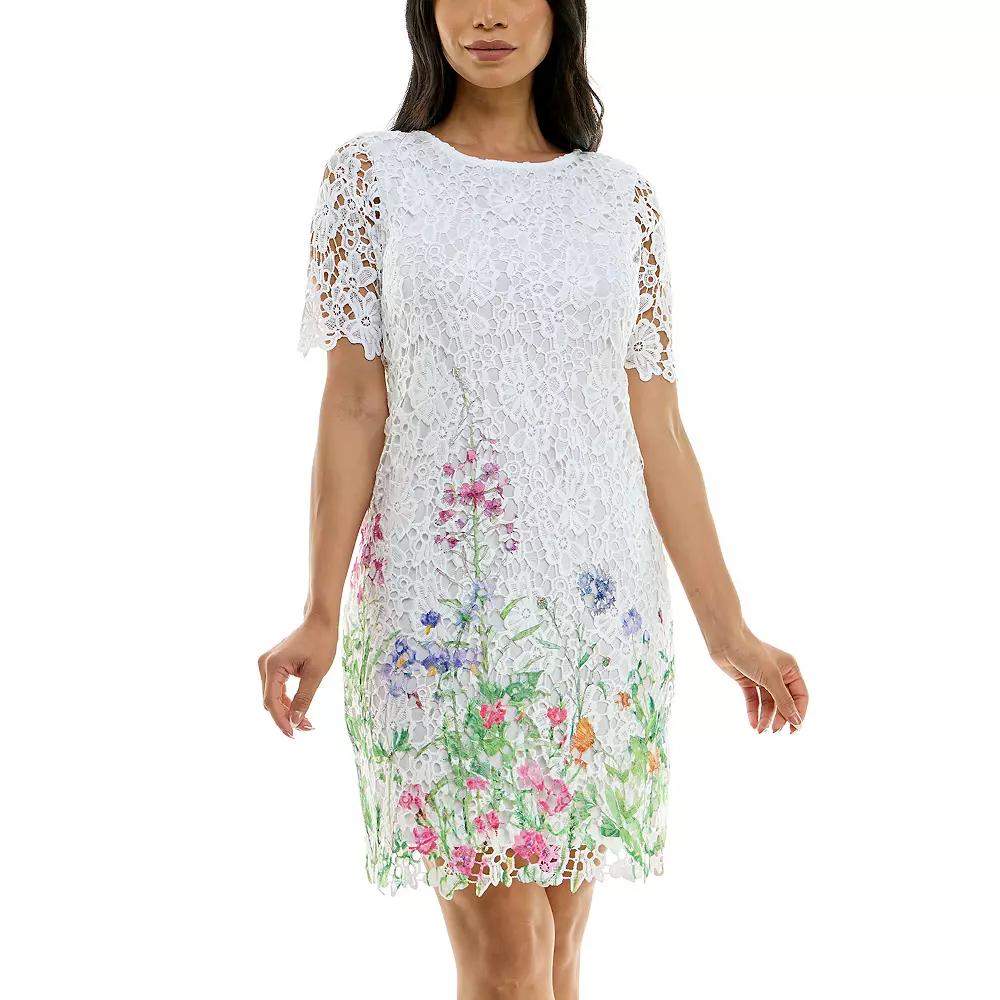 Women's Nina Leonard Floral Print Lace Trimmed Short Sleeve Mini Dress,  Product Image
