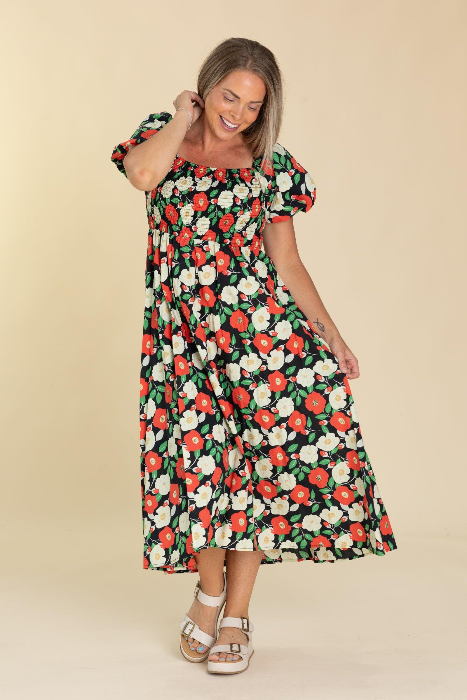 Black Floral Puff Short Sleeves Midi Dress Product Image