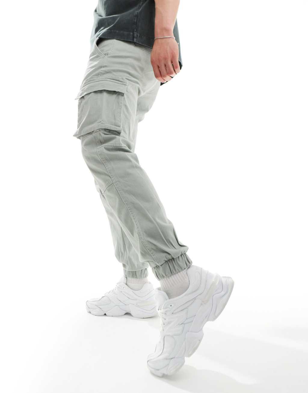 ONLY & SONS tapered fit cargo pants with cuffed bottoms in light sage Product Image