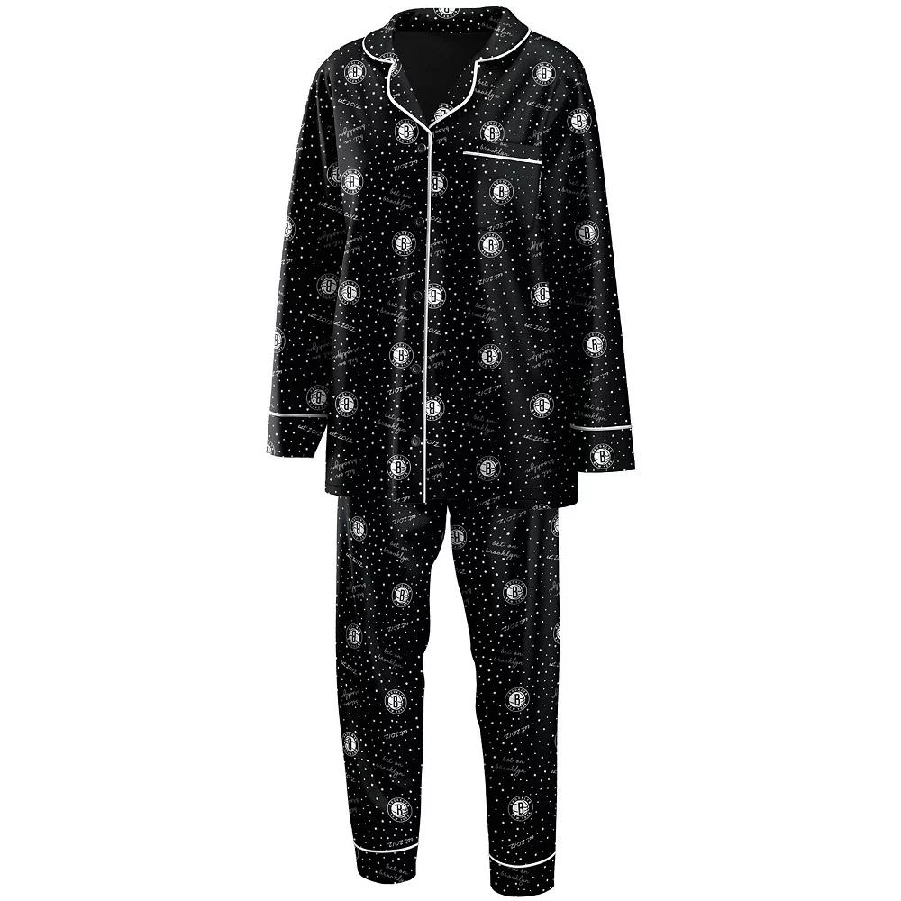 Women's WEAR by Erin Andrews Black Brooklyn Nets Long Sleeve Button-Up Shirt & Pants Sleep Set, Size: XL Product Image