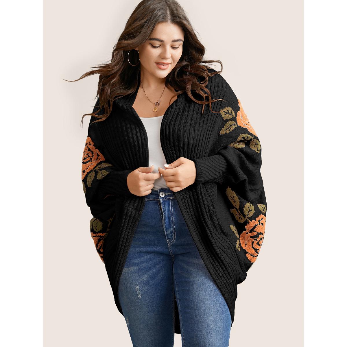 Plus Size Floral Jacquard Batwing Sleeve Open Front Cardigan Black Women Elegant Long Sleeve Everyday Cardigans BloomChic 28/5X Product Image