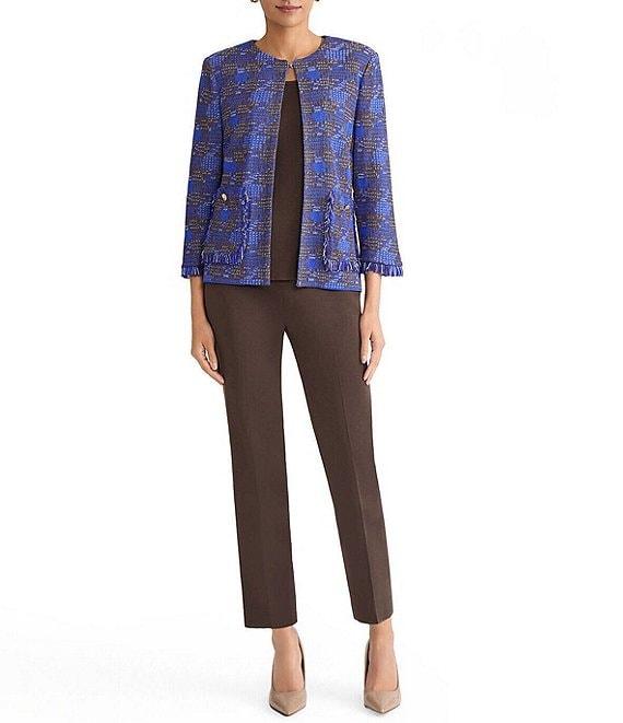 Ming Wang Petite Size Fringe Tweed Knit Round Neck Bracelet Sleeve Jacket Product Image