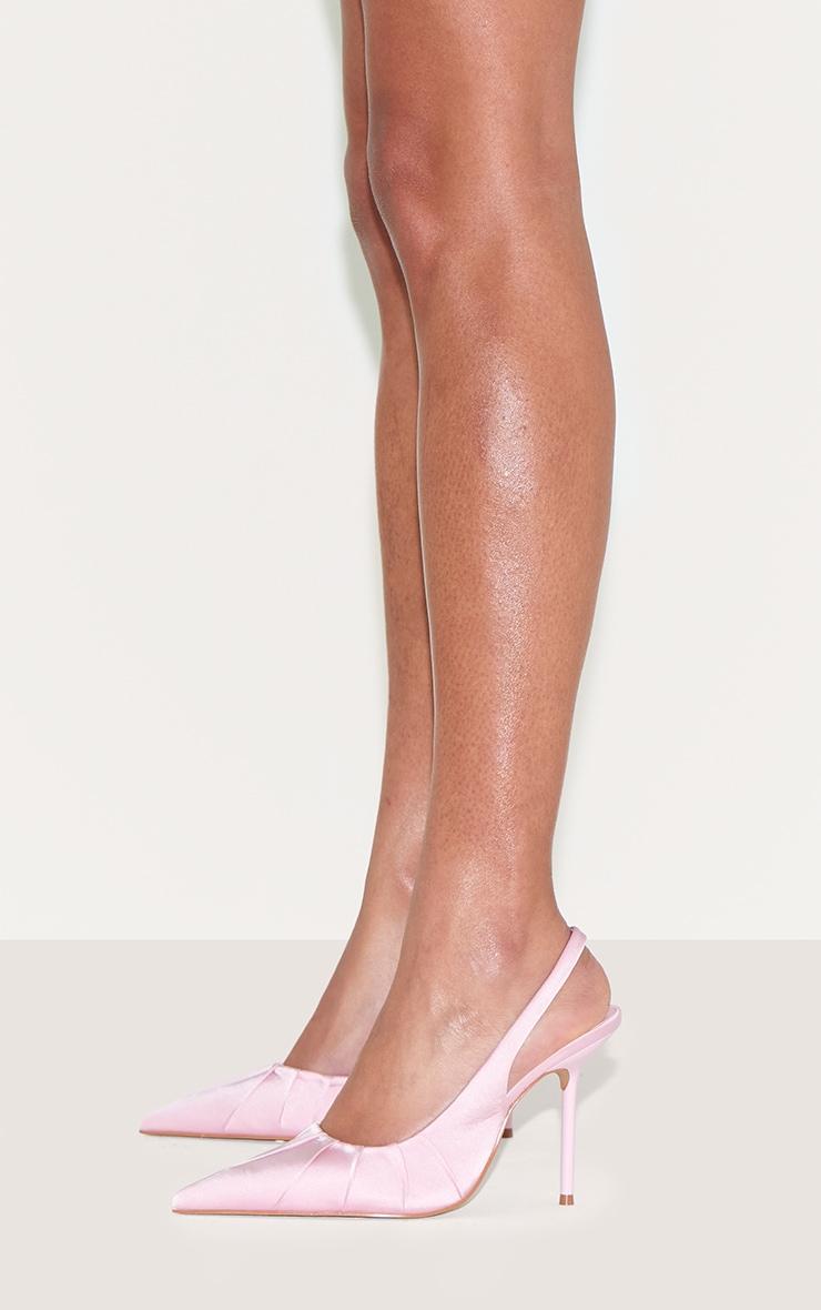 Primrose Pink Satin Point Toe Ruched Sling Back High Stiletto Heeled Courts Product Image