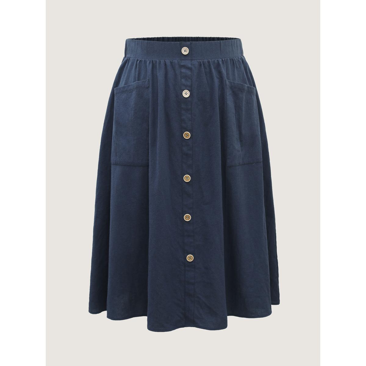 Plus Size Solid Button Detail Midi Skirt Women DarkBlue Loose No stretch Side seam pocket Everyday-Casual Skirts BloomChic 30/6X Product Image