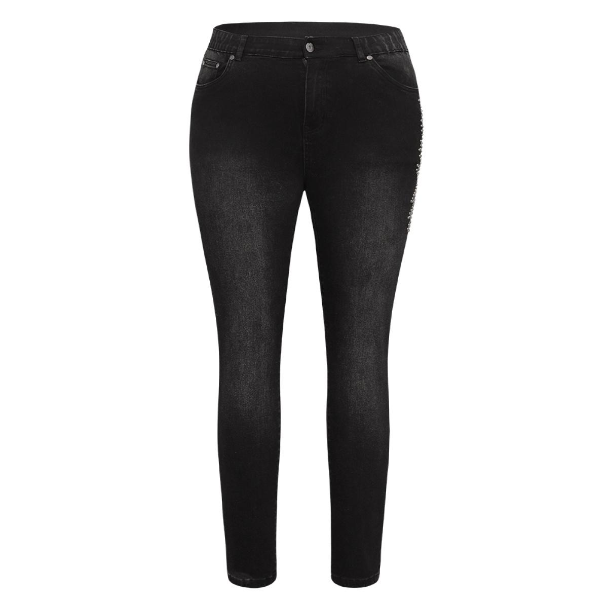 Plus Size Beaded Detail Pocket Very Stretchy Black Wash Jeans Women Black Casual Plain Beaded High stretch Pocket Jeans BloomChic 22/3X Product Image