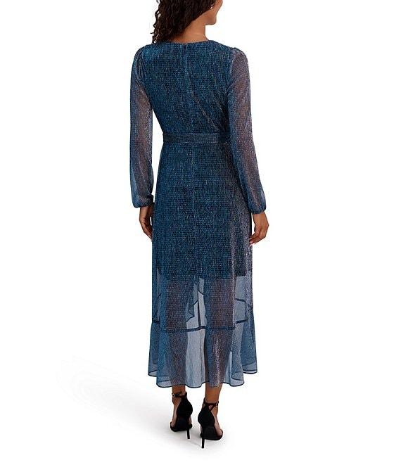 Kensie Metallic Faux Wrap Long Sleeve Crinkle Knit Sheer Overlay Surplice V-Neck Ruffle Hem Midi Dress Product Image