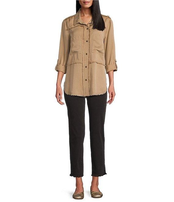 Multiples Lyocell Twill Point Collar Long Roll-Tab Sleeve Button-Front Fringed Shirt Product Image