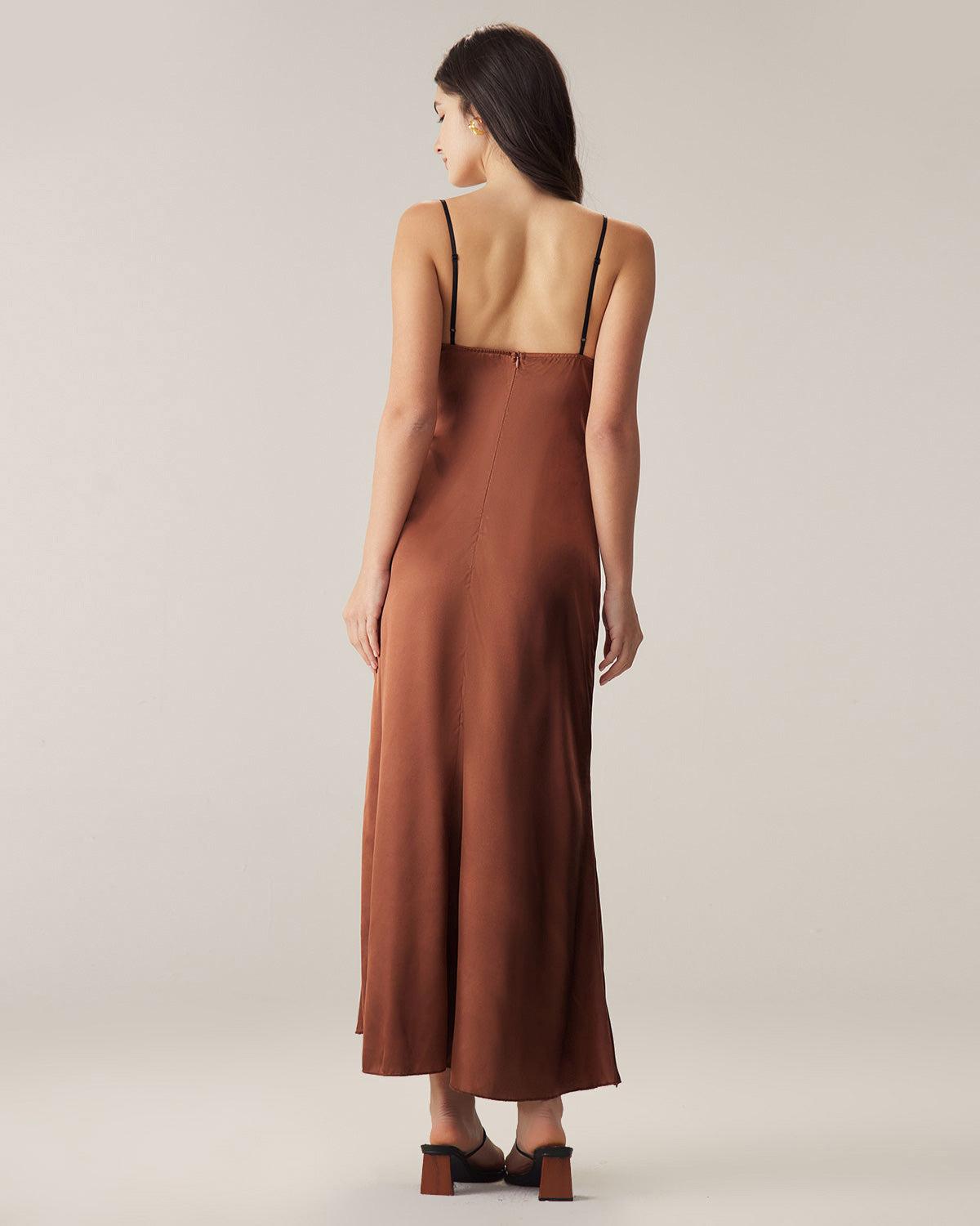 Brown Chiffon V Neck Slip Maxi Dress Product Image