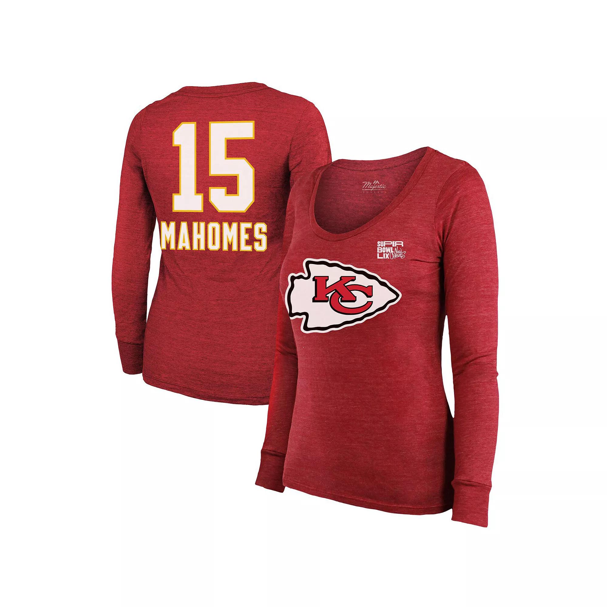 Women's Majestic Threads Patrick Mahomes Red Kansas City Chiefs Super Bowl LIX Player Name & Number Tri-Blend Long Sleeve Scoop Neck T-Shirt, Size: Small Product Image