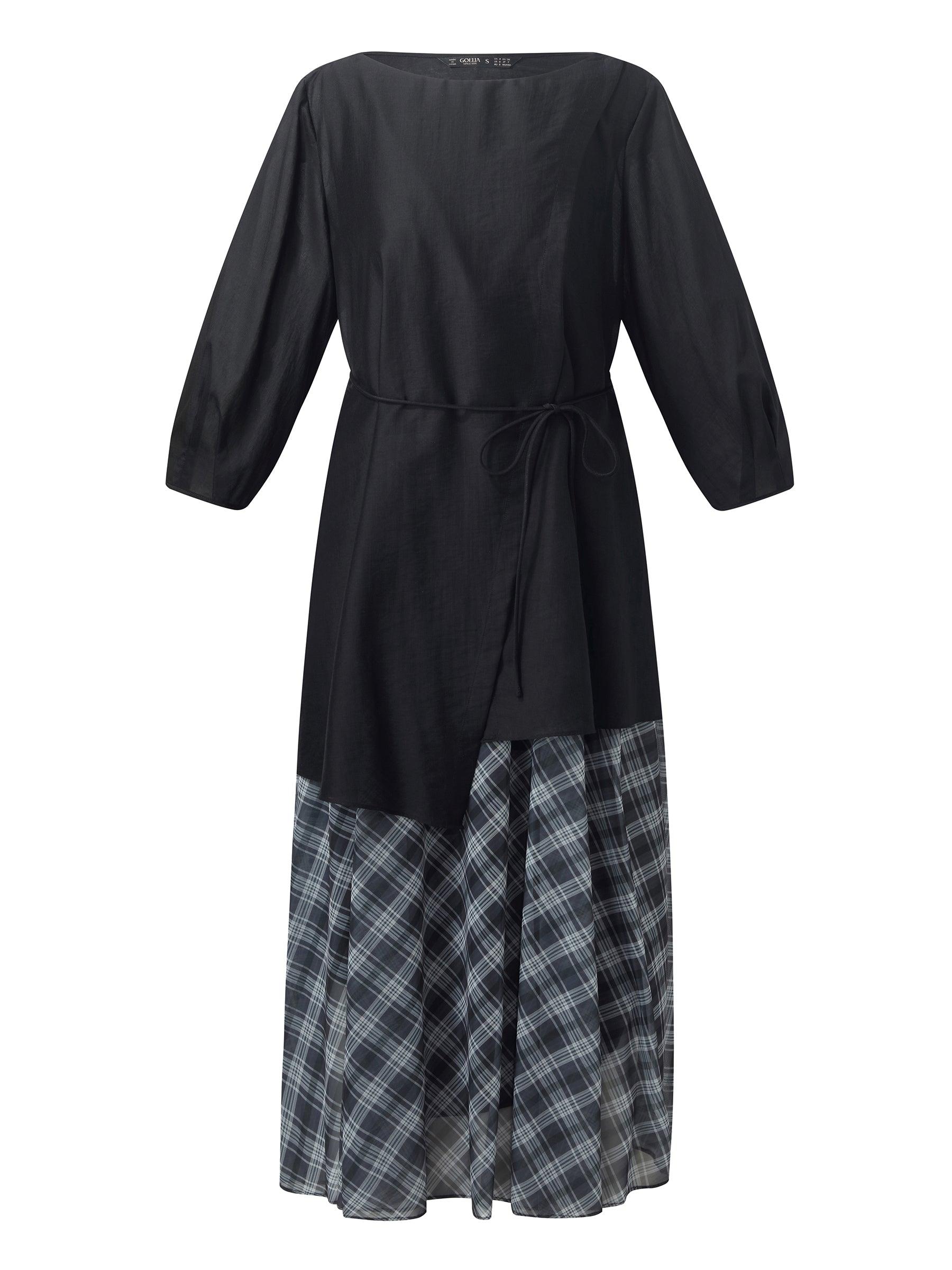 Lyocell Blend Top And Sleeveless Plaid Maxi Dress Two-Piece Set Product Image