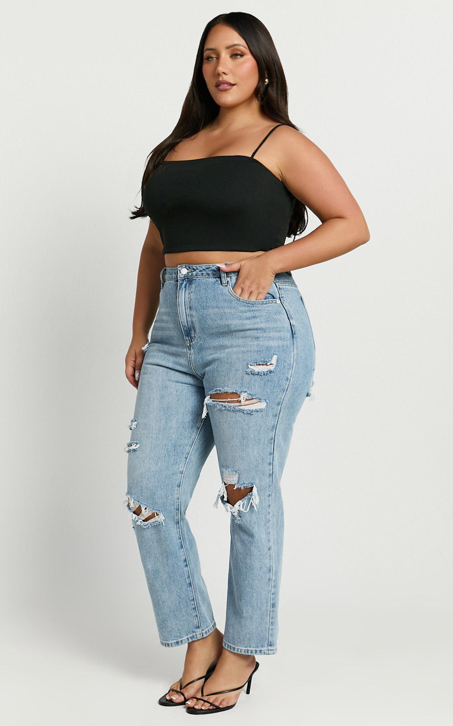 Billie Jeans - High Waisted Cotton Distressed Mom Denim Jeans in Mid Blue Wash Product Image