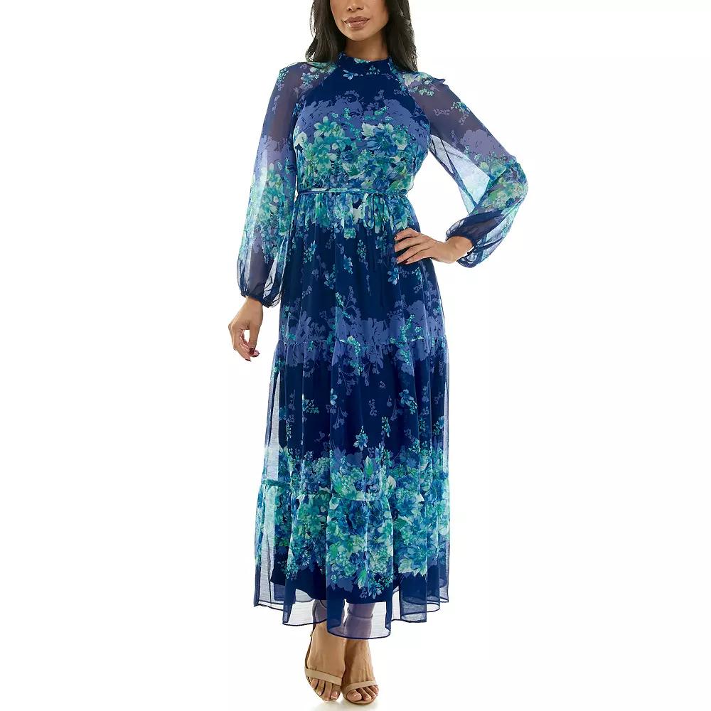 Women's Maison Tara Romantic Floral High Neck Maxi Dress, Size: 4, Navy Blue Product Image