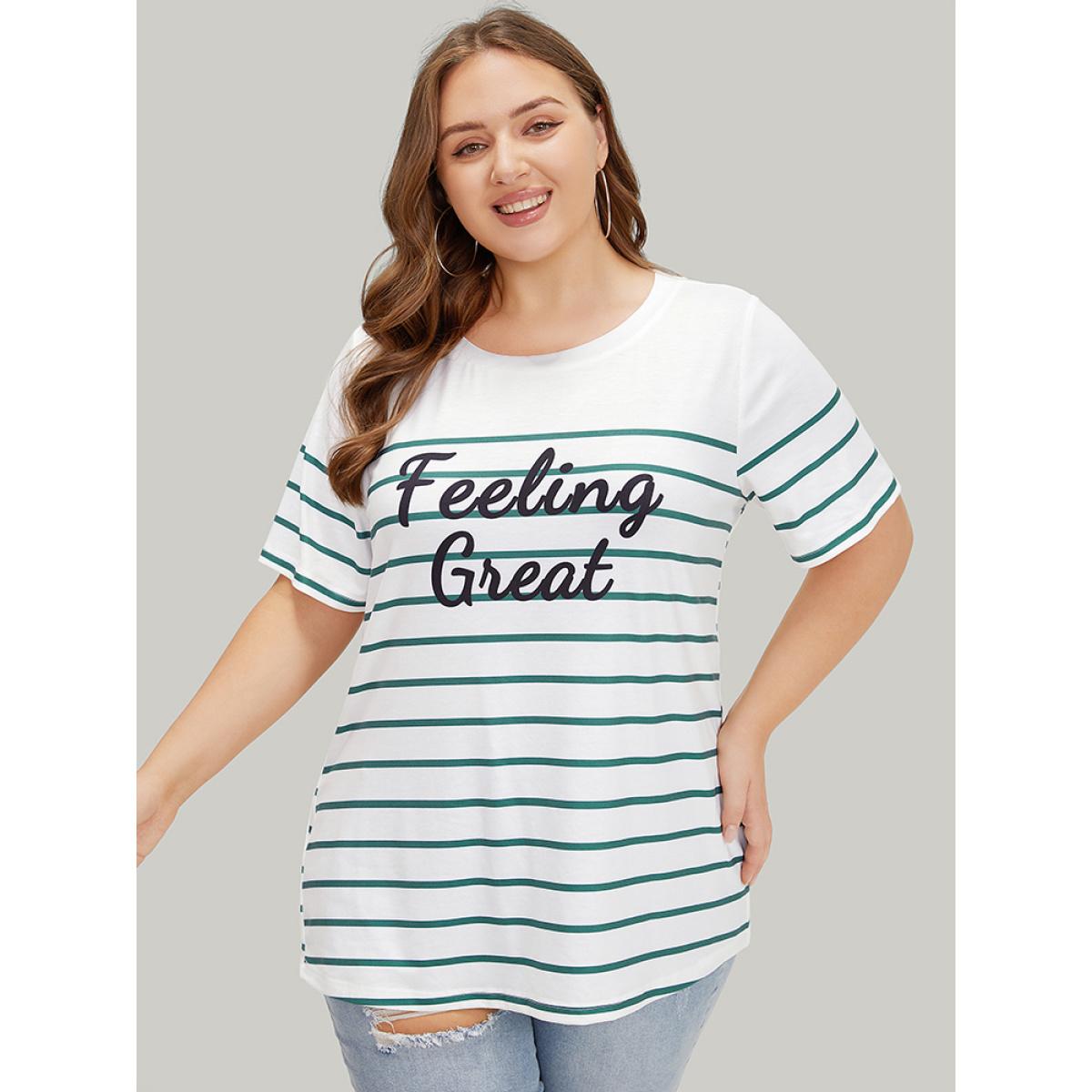Plus Size Striped & Slogans Print Crew Neck T-shirt White Women Casual Positive slogan Dailywear T-shirts BloomChic 28/5X Product Image