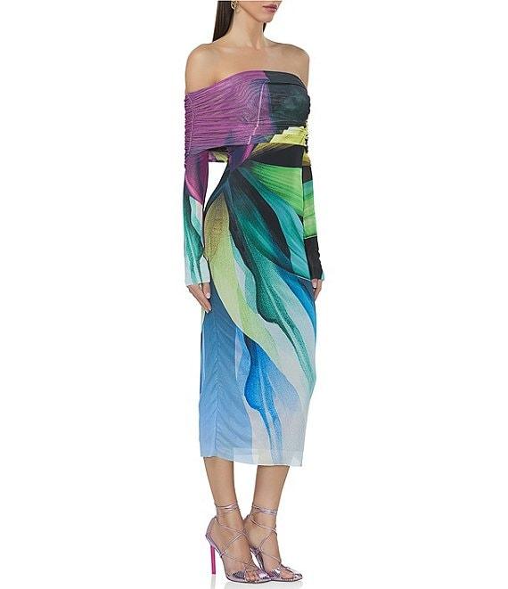 AFRM Cornelia Printed Off the Shoulder Long Sleeve Mesh Midi Dress Product Image