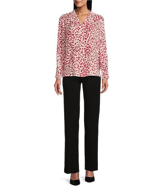 Investments Petite Size Woven Red Petals Long Sleeve V-Neck Top Product Image