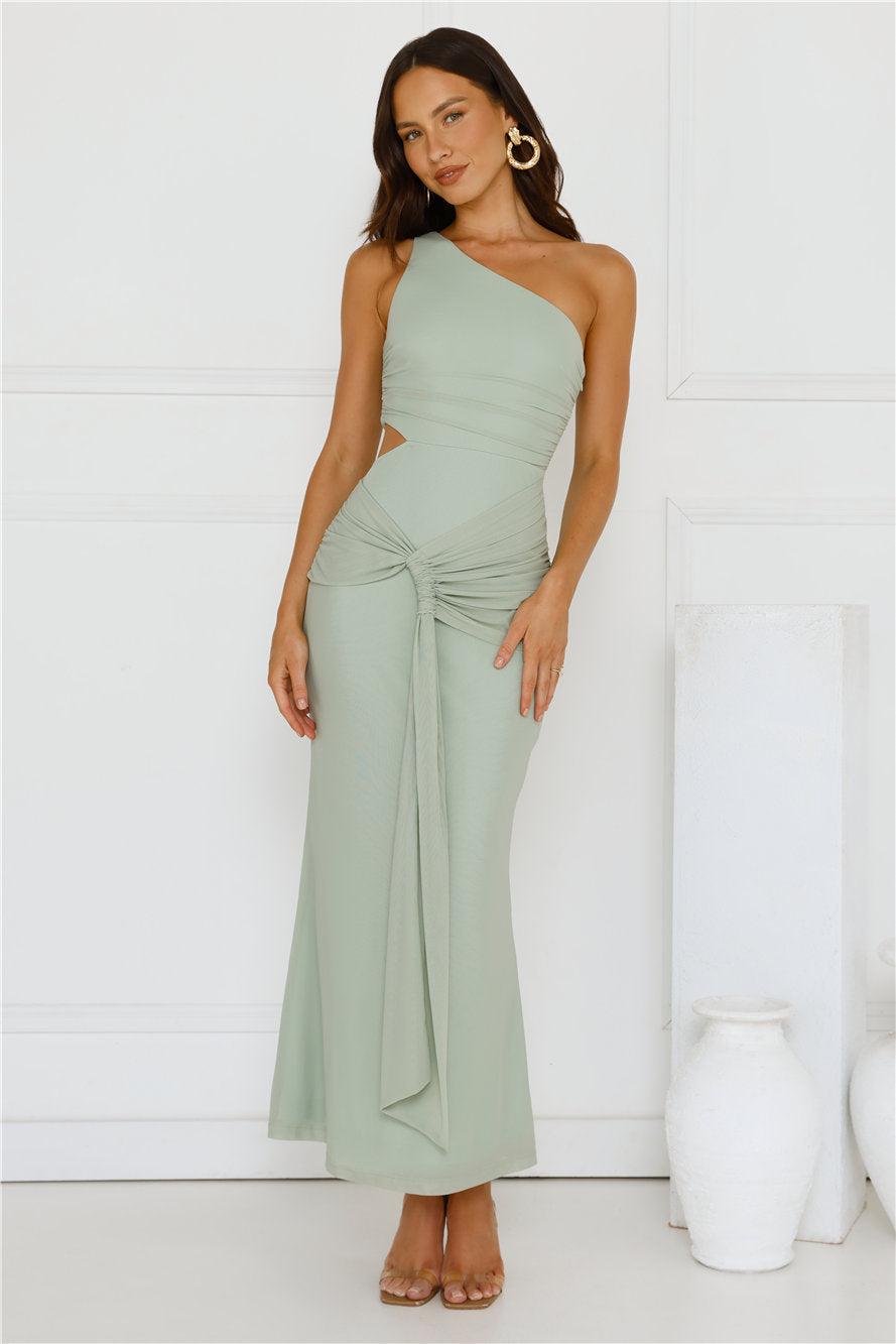Style Capital One Shoulder Mesh Maxi Dress Sage Product Image