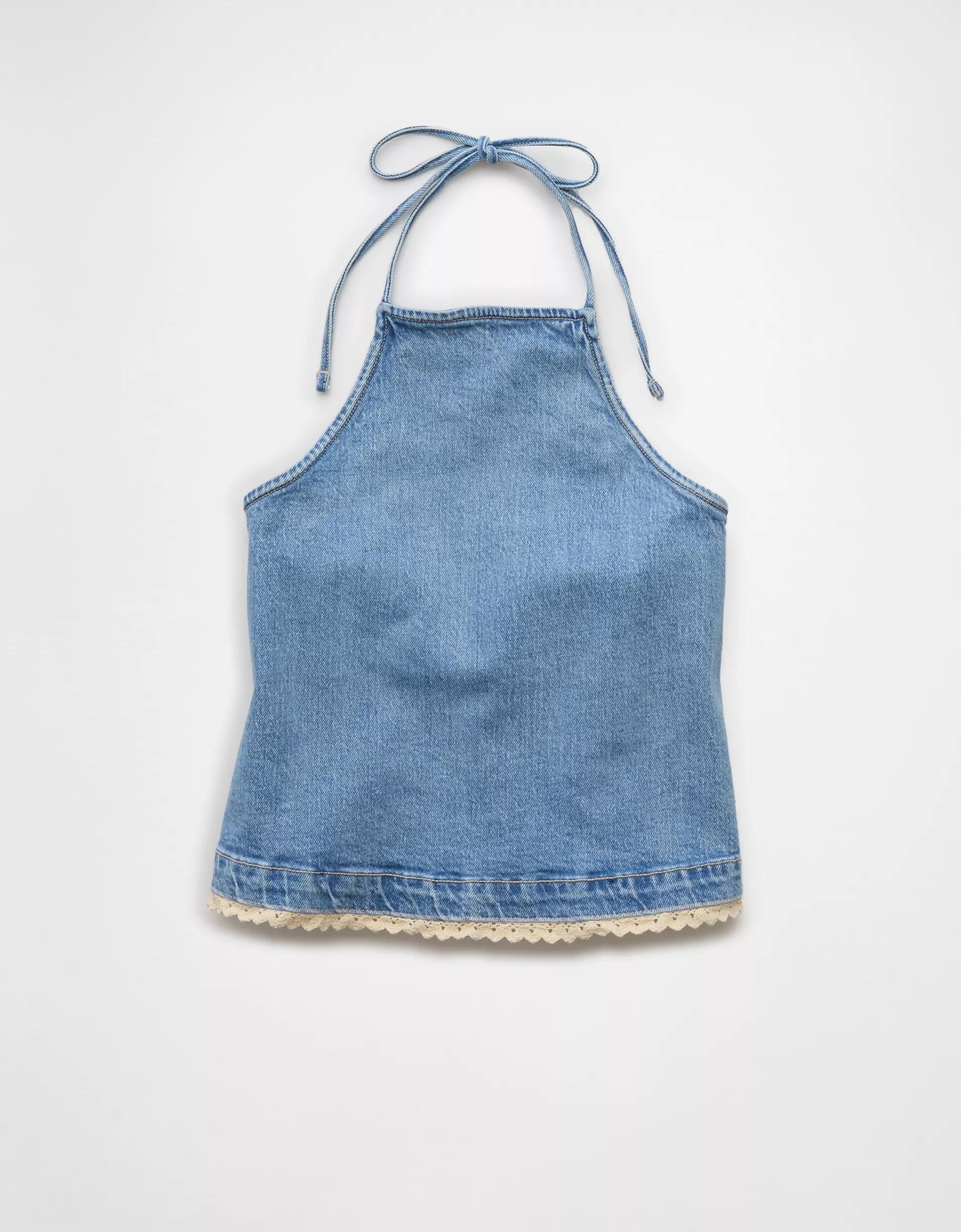 AE Crochet Denim Halter Top Product Image