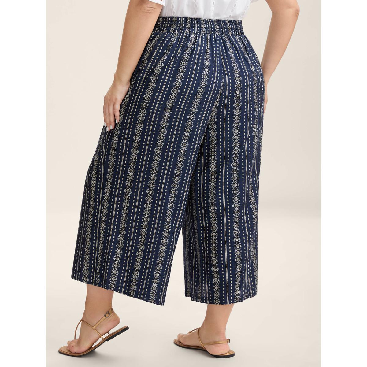 Plus Size Boho Stripe Tassel Wide-Leg Pants Women Indigo Boho Straight Leg Mid Rise Vacation Pants BloomChic 22-24/3X Product Image
