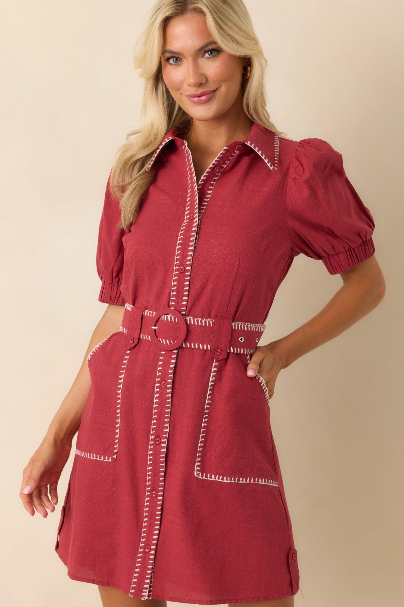 Heard It Before Burgundy Cotton Belted Mini Shirt Dress Product Image