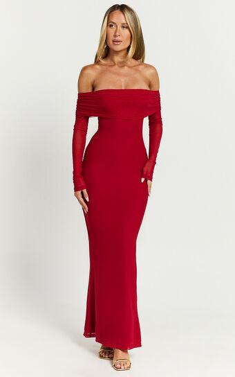 Bethanie Maxi Dress - Off The Shoulder Mesh Dress in Red Product Image