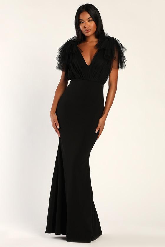 Fabulous Fun Black Tulle Flutter Sleeve Mermaid Maxi Dress Product Image