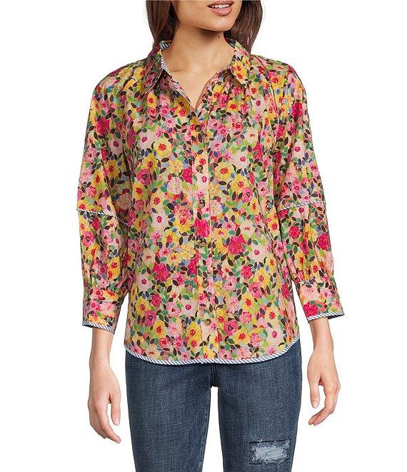 Tru Luxe Jeans Floral Point Collar 3/4 Balloon Sleeve Blouse Product Image
