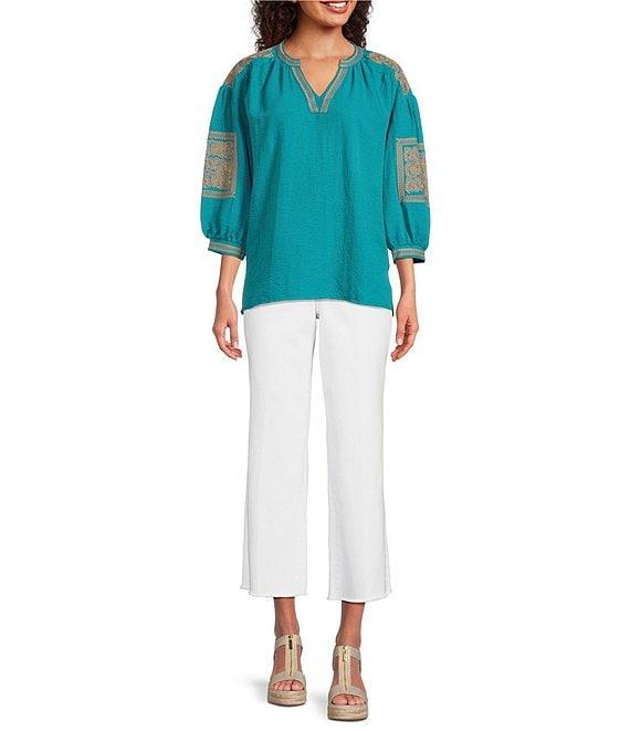 Calessa Petite Size Crinkle Textured Foulard Embroidered Split V-Neck 3/4 Sleeve Tunic Product Image