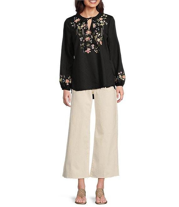 Reba Nell Woven Split Neck 3/4 Blouson Sleeve Scalloped Lace Blouse Product Image