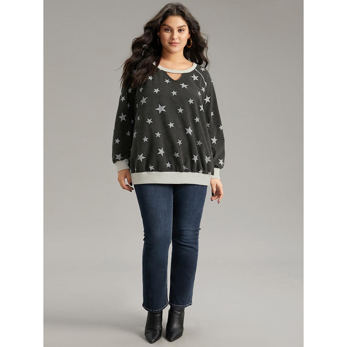 Plus Size Star Print Keyhole Rib Knit Hem Sweatshirt Women Black Casual Elastic cuffs Keyhole Cut-Out Dailywear Sweatshirts BloomChic 22-24/3X Product Image
