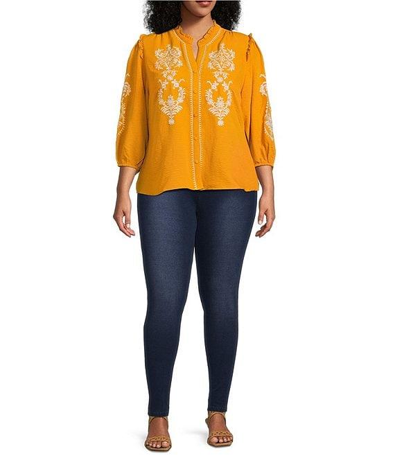 Calessa Plus Size Embroidered Placement Print Ruffle Split V-Neck 3/4 Sleeve Button Front Tunic Product Image