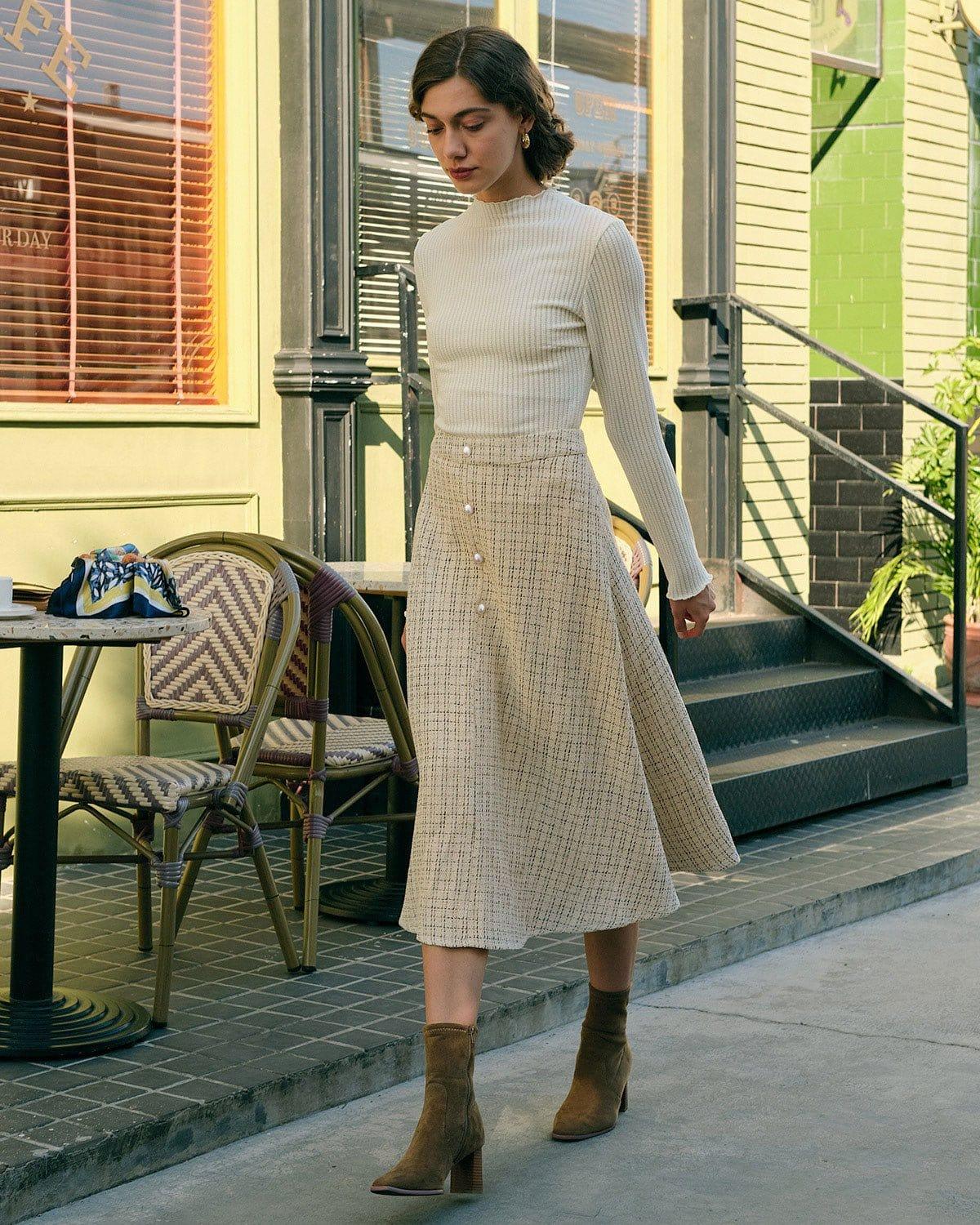 The Pearl Button High Waisted Tweed Skirt Female Product Image